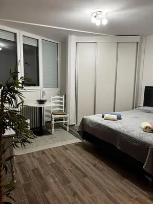 a bedroom with a bed and a table and a chair at Squeeze The Day in Belgrade
