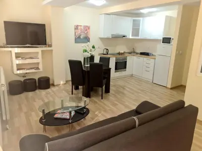a living room with a couch and a table and a kitchen at Fantastic Belgrade Nights in Belgrade