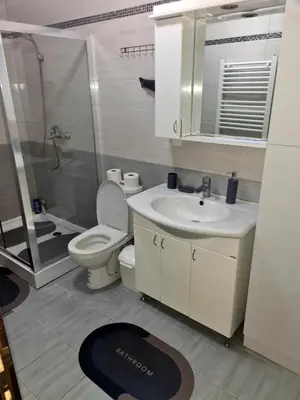 a bathroom with a toilet and a sink and a shower at Fantastic Belgrade Nights in Belgrade