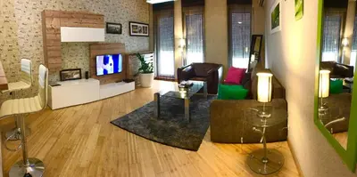 a living room with a couch and a tv at Vip apartment Beograd in Belgrade