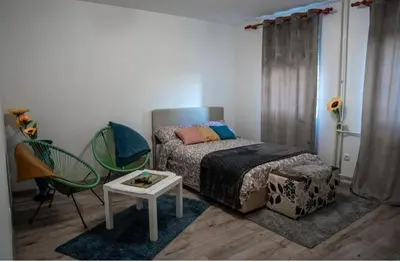 a bedroom with a bed and a table and chairs at Tea Apartman Obrenovac in Obrenovac
