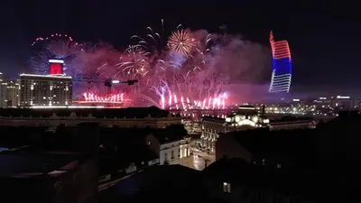 a firework display in a city at night at Belgrade Square 3 Apartment in Belgrade