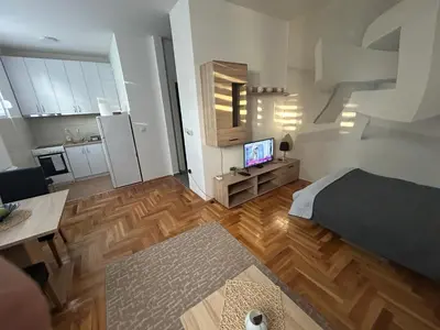 a living room with a bed and a television in it at Altina Gottfried Studio in Novi Grad