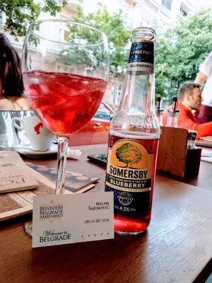 a bottle of wine and a glass on a table at Belgrade on water - City center in Belgrade