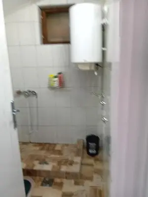 a bathroom with a shower with a wooden floor at AlejaPark Inđija in Železnicka Stanica Inđija Selo