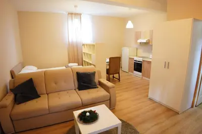 a living room with a couch and a kitchen at Apartmani Kula Novi Banovci Svetosavska 137 in Belgrade
