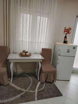 a kitchen with a table and two chairs and a refrigerator at PRAMAC - stan na dan in Belgrade