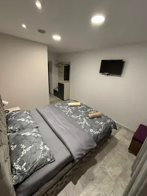a bedroom with a bed and a flat screen tv at Apartman Knez in Belgrade