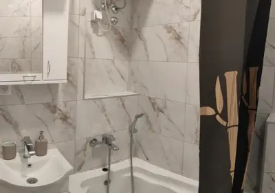 a bathroom with a shower and a sink and a tub at Vuk 1 in Belgrade