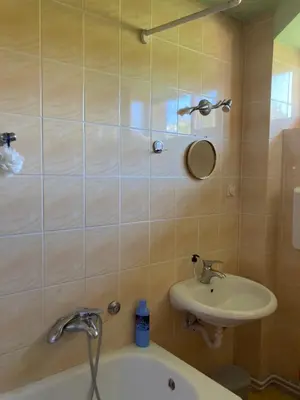 a bathroom with a sink and a bath tub at Artists Inn, large 2 bed duplex apartment, parking in Železnička Stanica Zemunsko Polje