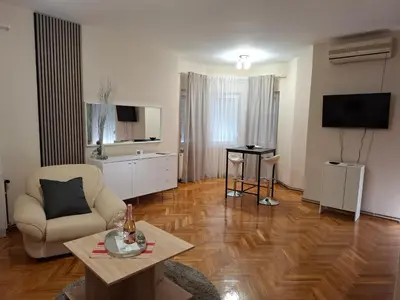 a living room with a couch and a table at Apartmani Kula - Lux Apartman in Novi Banovci