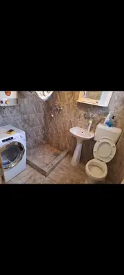 a bathroom with a toilet and a sink and a washing machine at Apartmani Petrušić