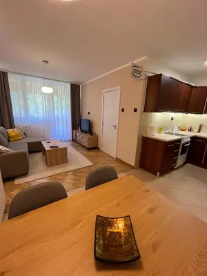 a large living room with a table and a kitchen at Orientale in Belgrade
