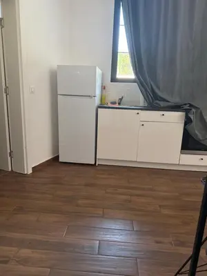 a kitchen with a white refrigerator and a window at Amar1 in Belgrade