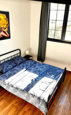 a bedroom with a bed with a blue comforter at Amar 2 in Belgrade