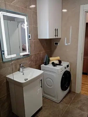 a bathroom with a washing machine and a sink at Apartman P&N Stara Pazova in Stara Pazova