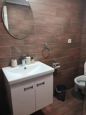 a bathroom with a sink and a mirror and a toilet at Stan Na Dan Pancevo in Pančevo