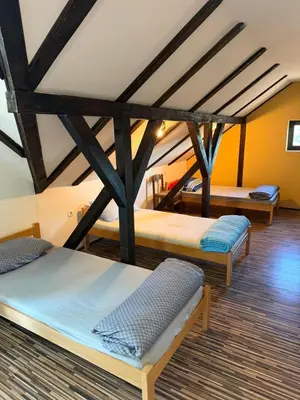 a room with three beds in a room at Pecinci Hostel in Pećinci