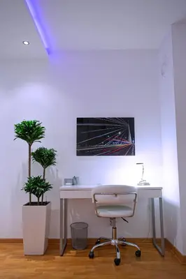 a white desk with a chair and two potted plants at Belville Luxury Apartment in Belgrade