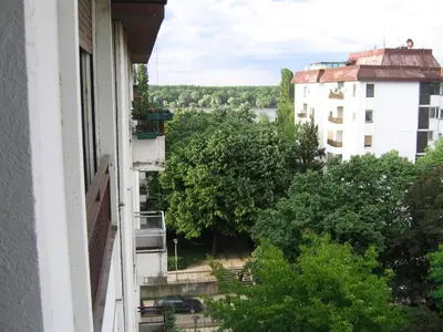 a view from the window of a building at Danube Apartment in Belgrade