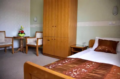 a bedroom with a bed and a cabinet and a desk at Garni Hotel Lav in Belgrade