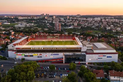 an aerial view of a stadium with a soccer field at Black & White in Belgrade
