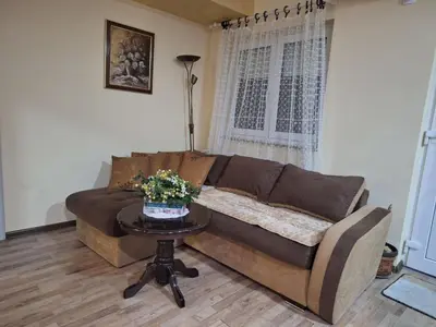 a living room with a brown couch and a table at Jezero in Arandjelovac