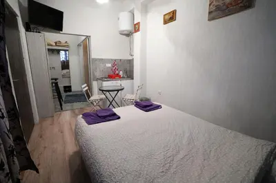 a bedroom with a bed with purple pillows on it at Apartman Rale in Belgrade