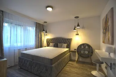 a bedroom with a large bed and a window at Apartment A in Belgrade