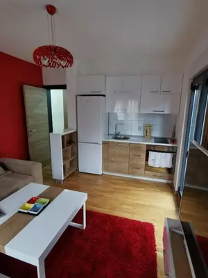 a kitchen with a white refrigerator and a red rug at Porto23 in Belgrade