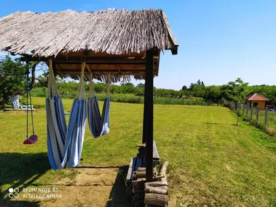 a straw hut with blue hammocks in a field at Dečiji vinogradi Belgrade, Sopot, Kosmaj in Sopot