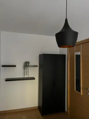 a kitchen with a black cabinet and aendant light at Zemunske Kapije Yellow Gate in Novi Grad