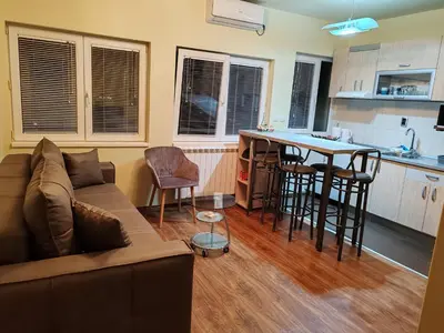 a living room with a couch and a kitchen at Cozy green house (free parking spot) in Belgrade