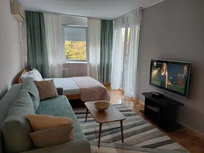 a living room with a couch and a bed and a television at Green 1 in Belgrade