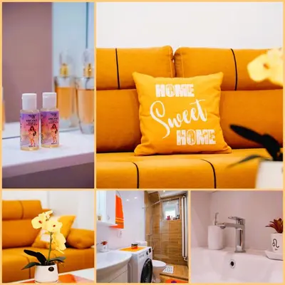 a collage of pictures of a yellow couch with a home sweet home pillow at Golden Place Belgrade in Belgrade