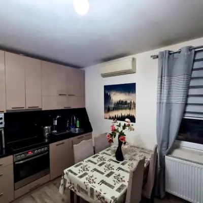 a kitchen with a table with a vase of flowers on it at MARIJA sa besplatnim parkingom in Novi Beograd