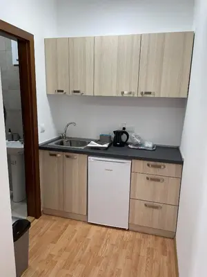 a kitchen with wooden cabinets and a white dishwasher at Despot apartmani in Mladenovac