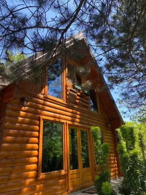 a log cabin with a large window on the side of it at Brvnara oaza mira - Devojacki bunar in Alibunar