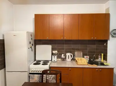 a kitchen with a stove and a white refrigerator at Apartman u blizini centra grada in Belgrade